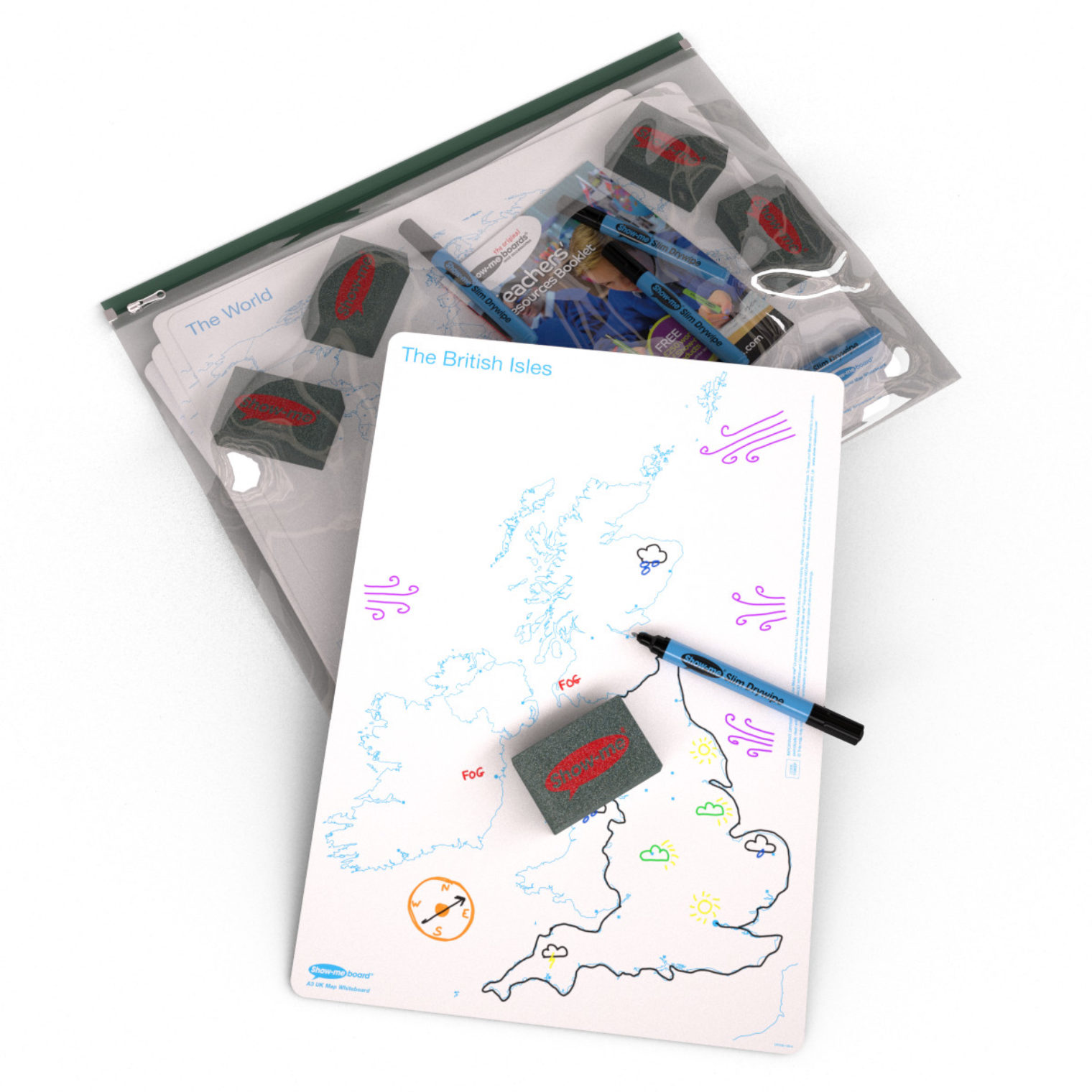 Show-me Map Whiteboard, pens and erasers UK and World wallet