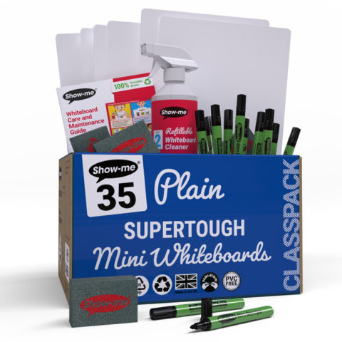 Show-me Class Pack of Plain SUPERTOUGH Whiteboards, pens and erasers