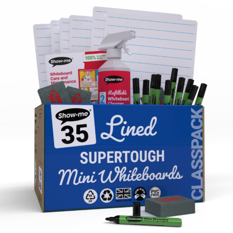Show-me Classpack Supertough Lined Whiteboards with pens, eraser and cleaner