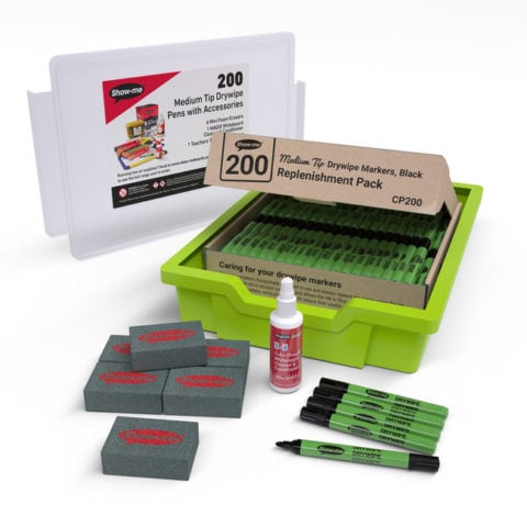 Show-me 200 Medium Tip Drywipe Pens, 6 Erasers and 1 Sample Bottle MAGIX Whiteboard Cleaner in a Storage Tray