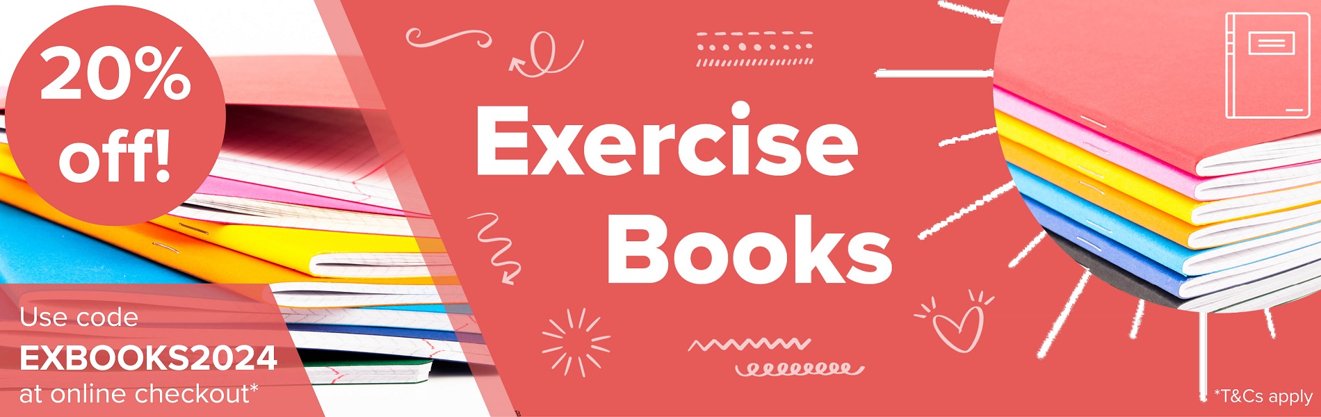 Stack of exercise books with red overlay and graphiti-style pen squiggles. Text says "20% off exercise books"