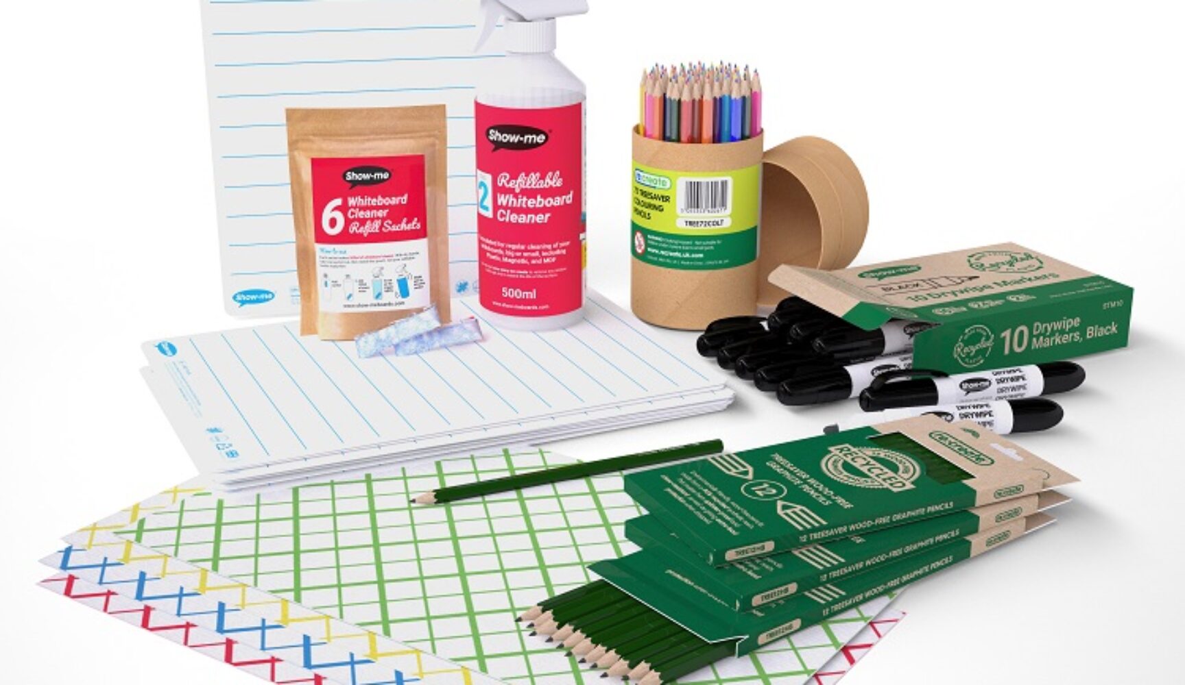 Image of stationery bundle including pens, white boards, cleaner, cloths and pencils