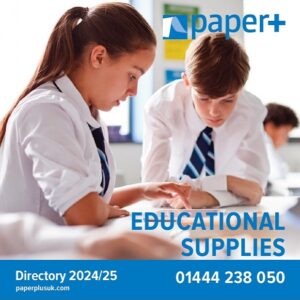 Education Catalogue 2024/25 front cover. Two teenage school children working at a table.
