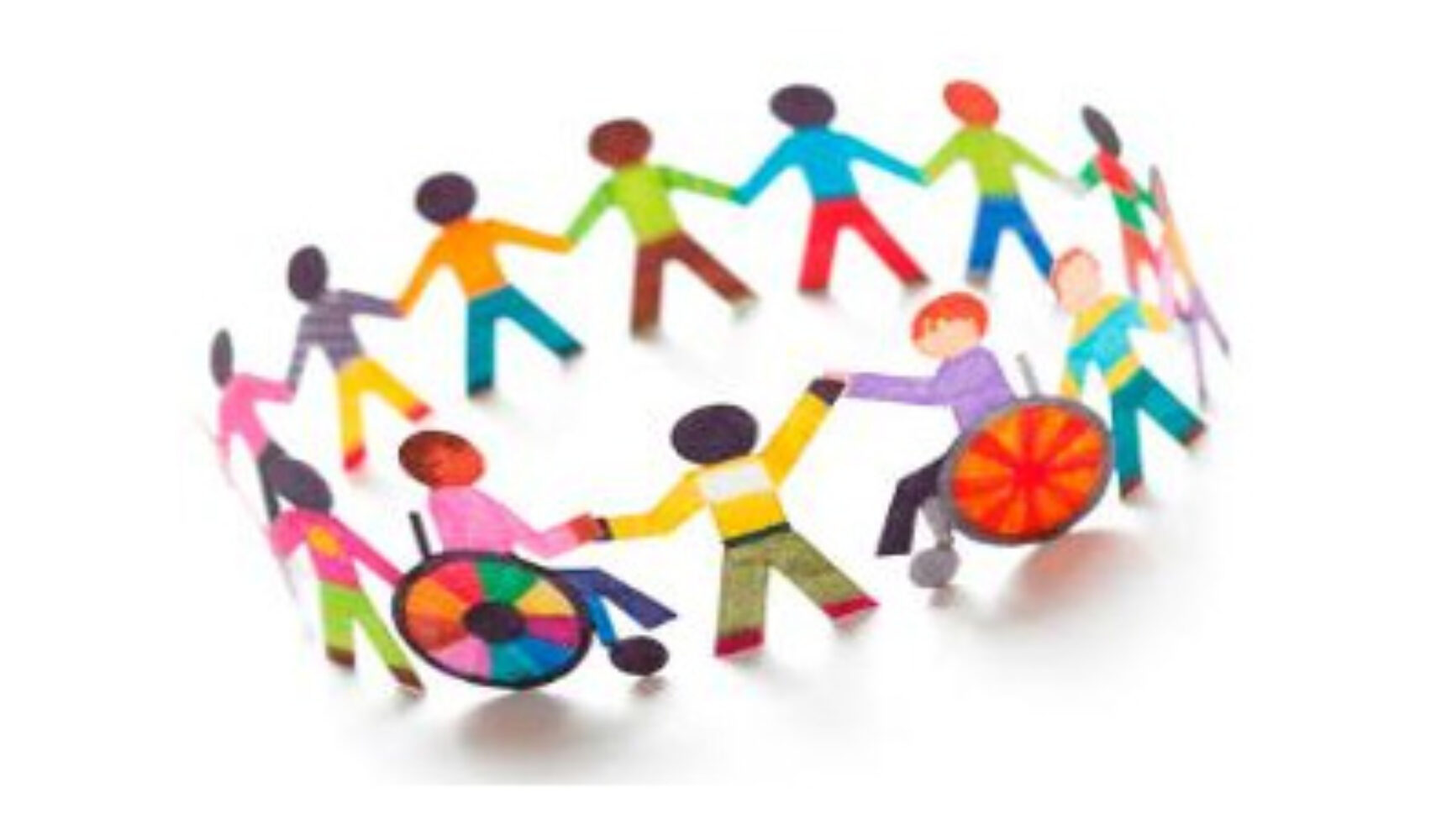 Cartoon image of paper chain children holding hands in circle. Two are wheelchair users.